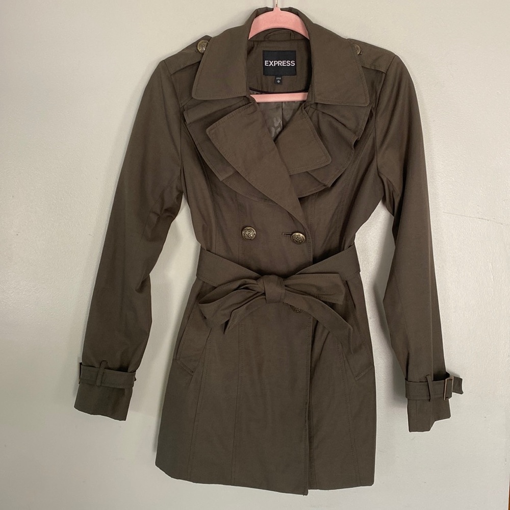 Express Ruffle Trench Coat - Green - XS